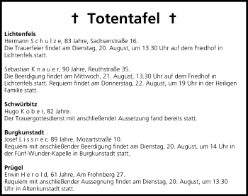 Anzeige von Totentafel vom 20.08.2013 von MGO