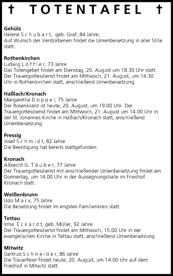 Anzeige von Totentafel vom 20.08.2013 von MGO