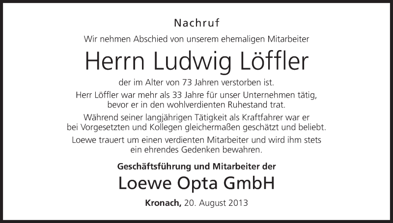  Traueranzeige für Ludwig Löffler vom 20.08.2013 aus MGO