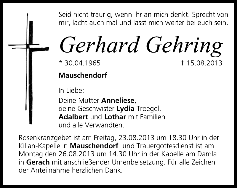  Traueranzeige für Gerhard Gehring vom 21.08.2013 aus MGO