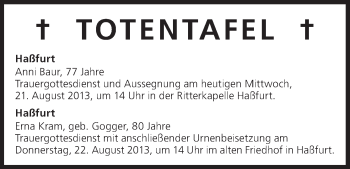 Anzeige von Totentafel vom 21.08.2013 von MGO