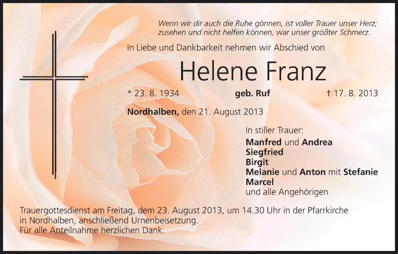  Traueranzeige für Helene Franz vom 21.08.2013 aus MGO