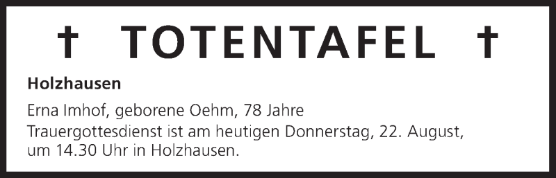 Traueranzeige für Totentafel vom 22.08.2013 vom 22.08.2013 aus MGO
