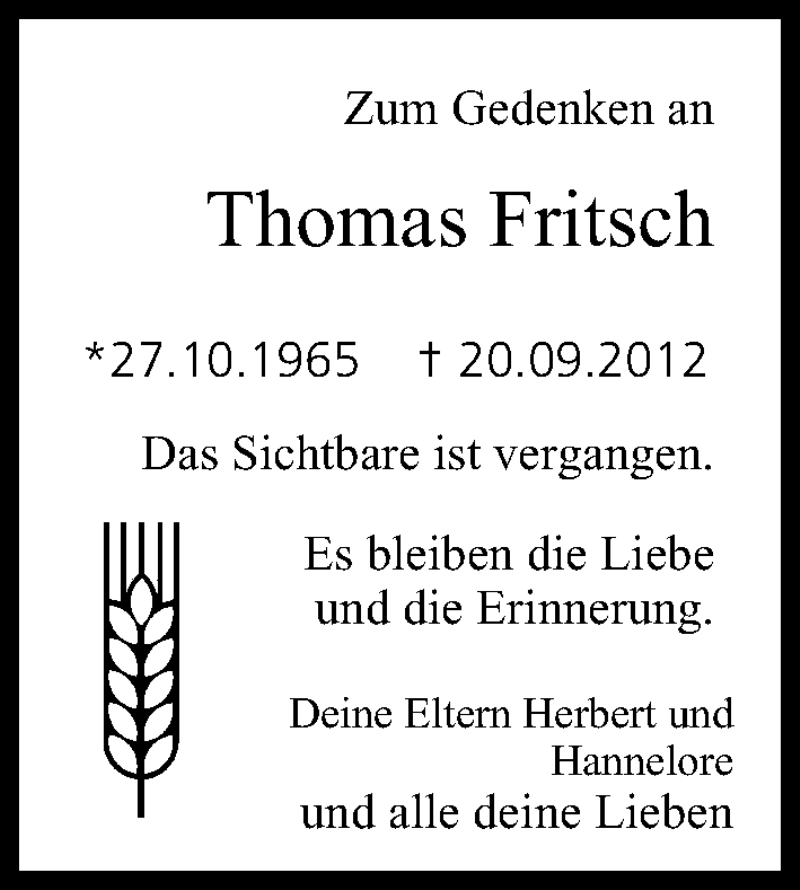  Traueranzeige für Thomas Fritsch vom 20.09.2013 aus MGO