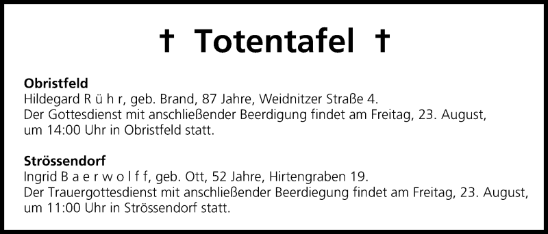  Traueranzeige für Totentafel vom 22.08.2013 vom 22.08.2013 aus MGO