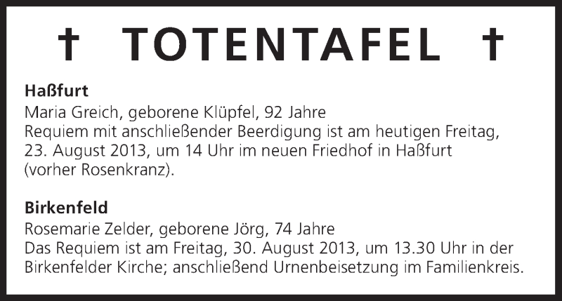  Traueranzeige für Totentafel vom 23.08.2013 vom 23.08.2013 aus MGO