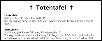 Anzeige von Totentafel vom 23.08.2013 von MGO
