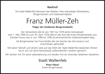Anzeige von Franz Müller-Zeh von MGO