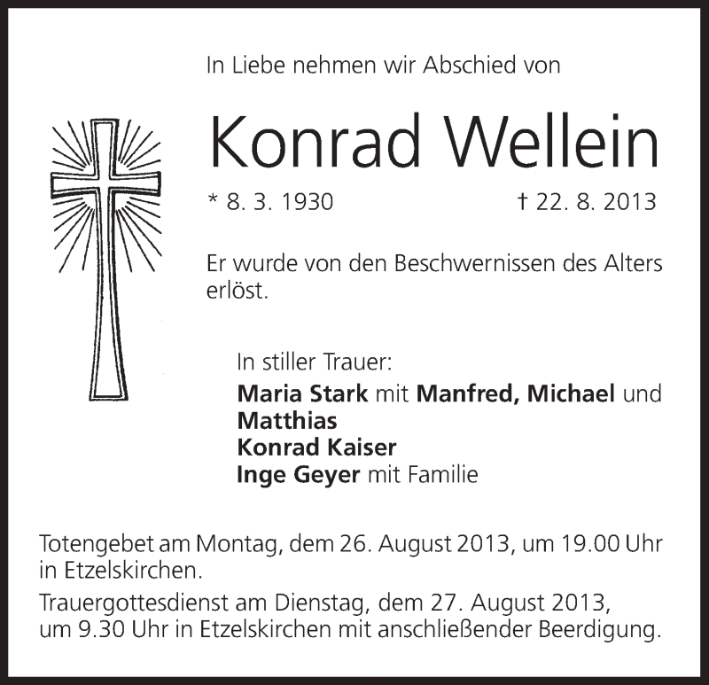  Traueranzeige für Konrad Wellein vom 24.08.2013 aus MGO