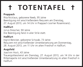 Anzeige von Totentafel vom 26.08.2013 von MGO