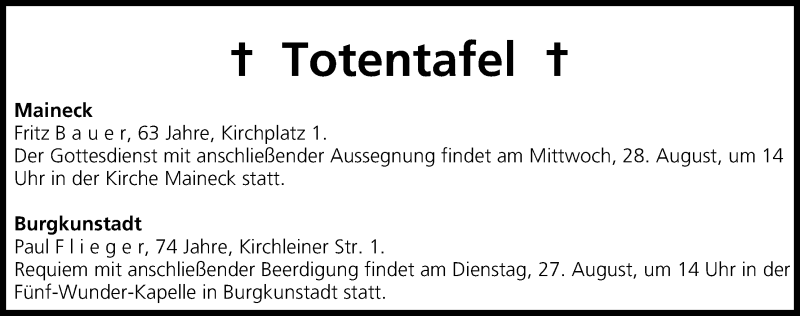  Traueranzeige für Totentafel vom 27.08.2013 vom 27.08.2013 aus MGO