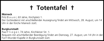 Anzeige von Totentafel vom 27.08.2013 von MGO