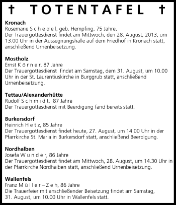Anzeige von Totentafel vom 27.08.2013 von MGO