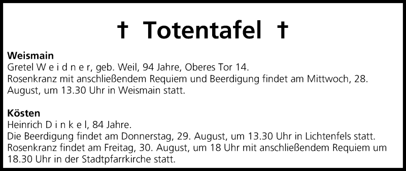  Traueranzeige für Totentafel vom 28.08.2013 vom 28.08.2013 aus MGO