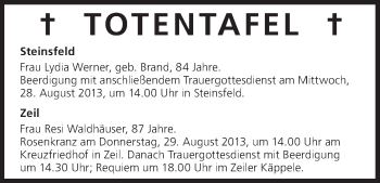 Anzeige von Totentafel vom 27.08.2013 von MGO