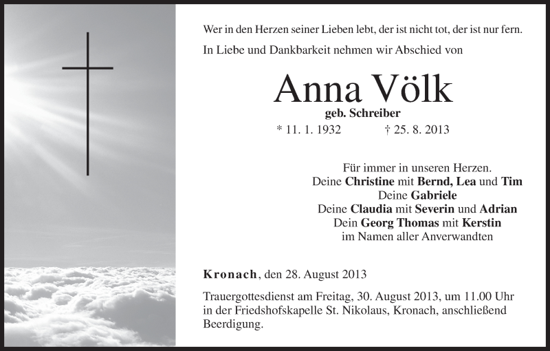  Traueranzeige für Anna Völk vom 28.08.2013 aus MGO