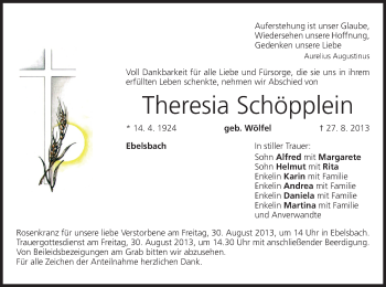 Anzeige von Theresia Schöpplein von MGO