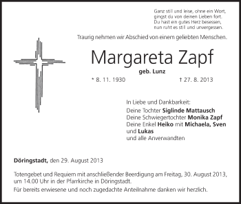 Anzeige von Margareta Zapf von MGO