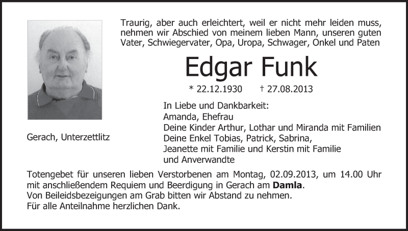  Traueranzeige für Edgar Funk vom 30.08.2013 aus MGO