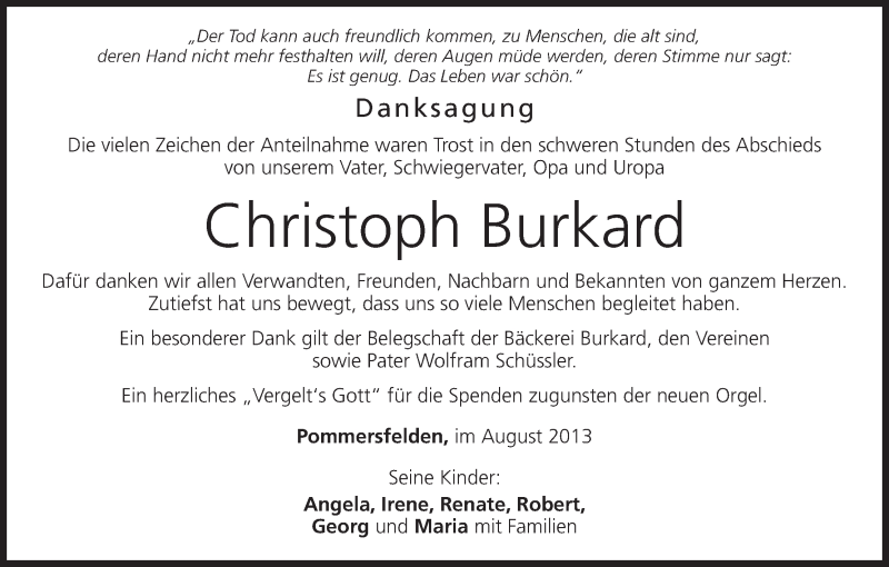  Traueranzeige für Christoph Burkard vom 31.08.2013 aus MGO