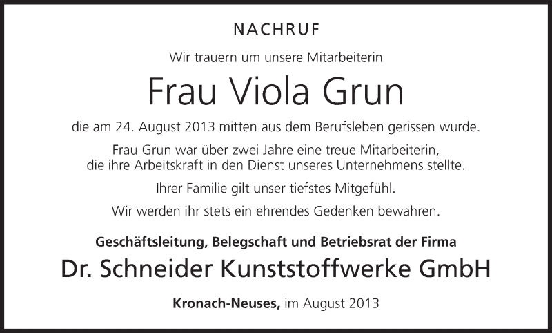 Traueranzeige für Viola Britta Grun vom 02.09.2013 aus MGO