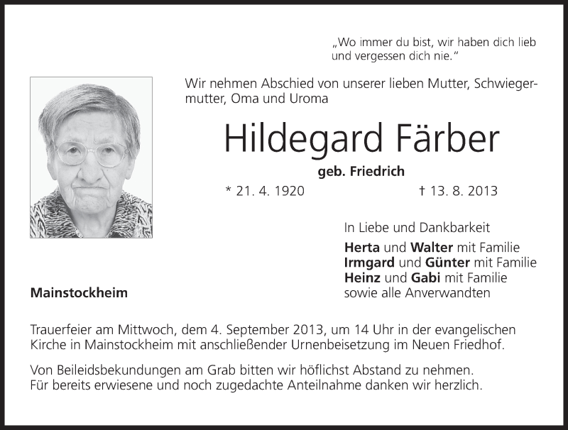  Traueranzeige für Hildegard Färber vom 02.09.2013 aus MGO