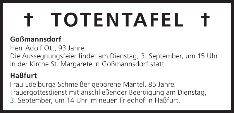  Traueranzeige für Totentafel vom 02.09.2013 vom 02.09.2013 aus MGO