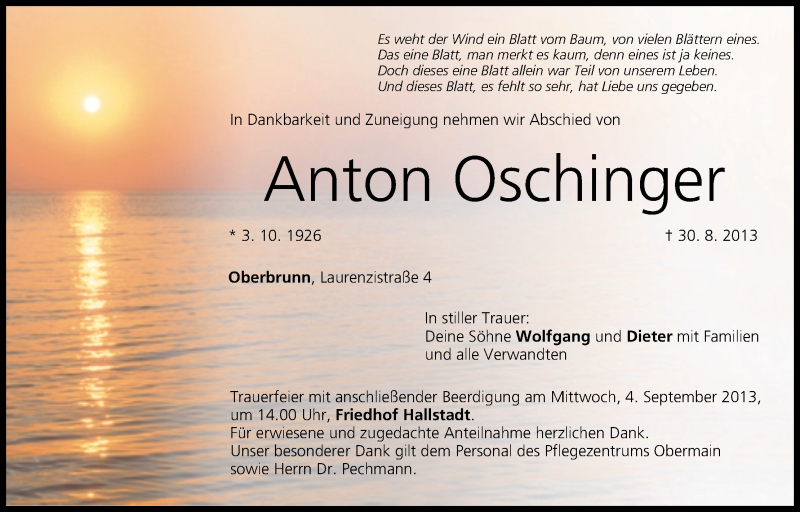  Traueranzeige für Anton Oschinger vom 02.09.2013 aus MGO