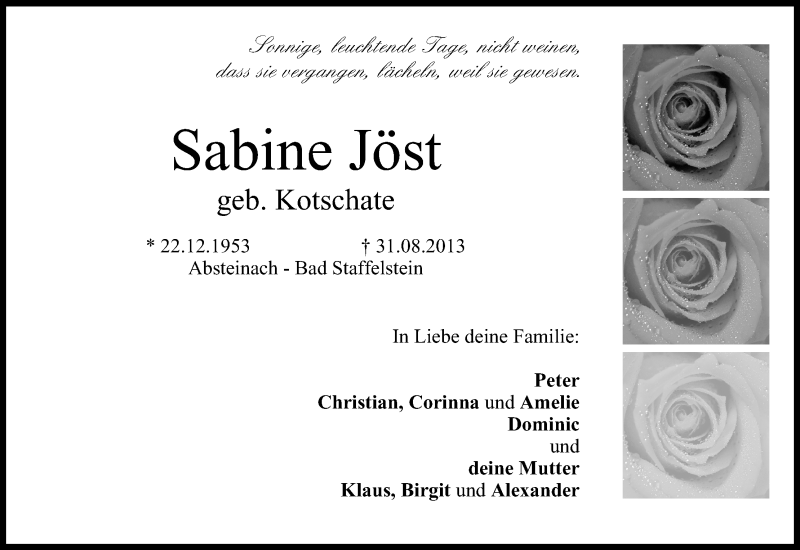  Traueranzeige für Sabine Jöst vom 03.09.2013 aus MGO