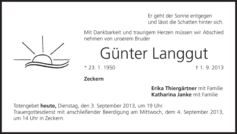  Traueranzeige für Günter Langgut vom 03.09.2013 aus MGO
