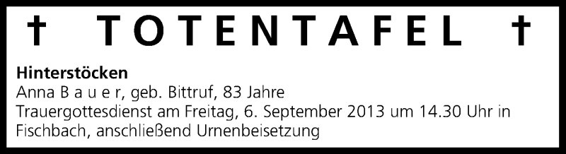 Traueranzeige für Totentafel vom 04.09.2013 vom 04.09.2013 aus MGO