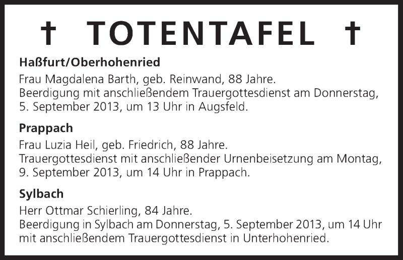  Traueranzeige für Totentafel vom 05.09.2013 vom 05.09.2013 aus MGO