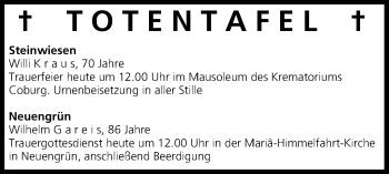 Anzeige von Totentafel vom 06.09.2013 von MGO