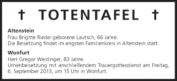 Anzeige von Totentafel vom 06.09.2013 von MGO