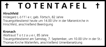 Anzeige von Totentafel vom 05.09.2013 von MGO
