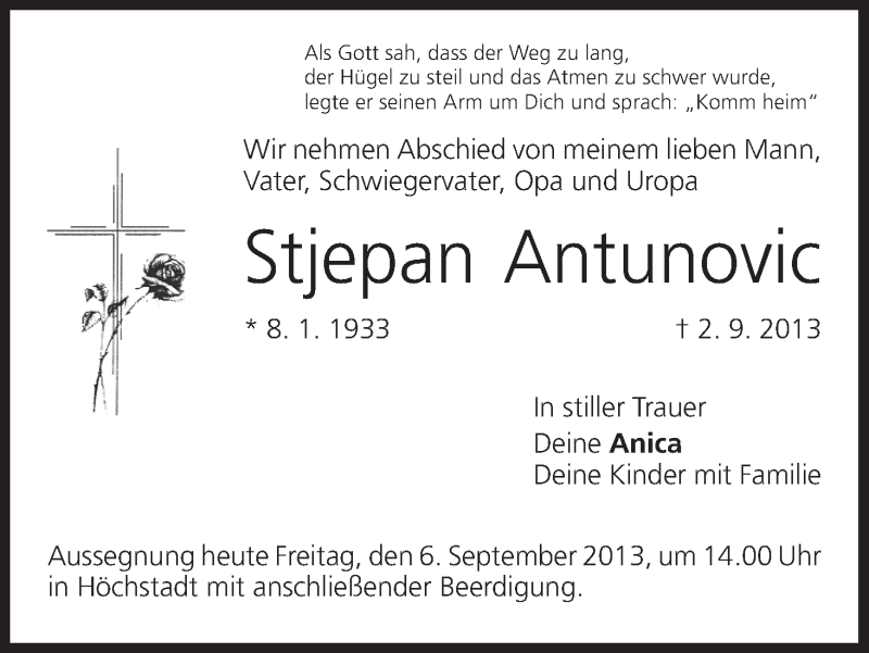  Traueranzeige für Stjepan Antunovic vom 06.09.2013 aus MGO