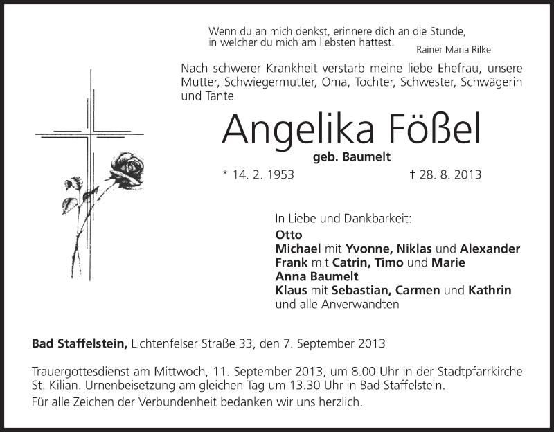  Traueranzeige für Angelika Fößel vom 07.09.2013 aus MGO