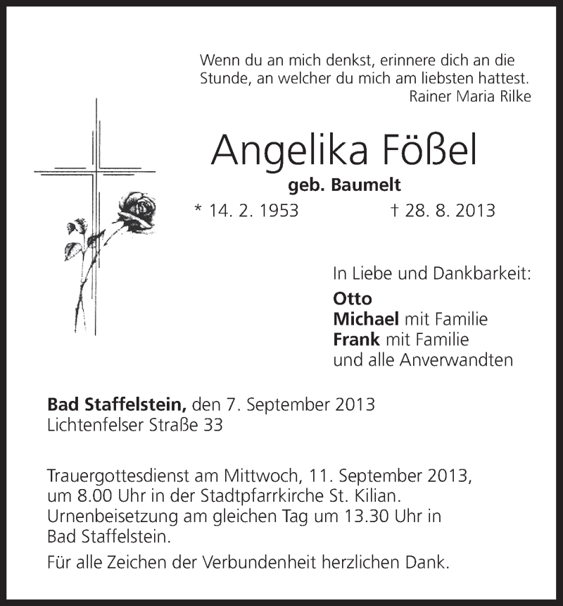  Traueranzeige für Angelika Fößel vom 07.09.2013 aus MGO