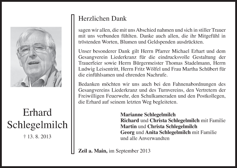  Traueranzeige für Erhard Schlegelmilch vom 06.09.2013 aus MGO