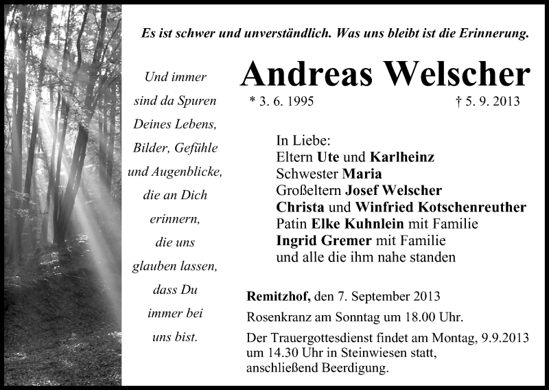  Traueranzeige für Andreas Welscher vom 07.09.2013 aus MGO
