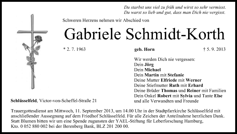  Traueranzeige für Gabriele Schmidt-Korth vom 07.09.2013 aus MGO