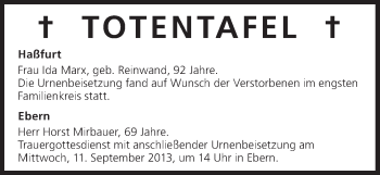 Anzeige von Totentafel vom 09.09.2013 von MGO