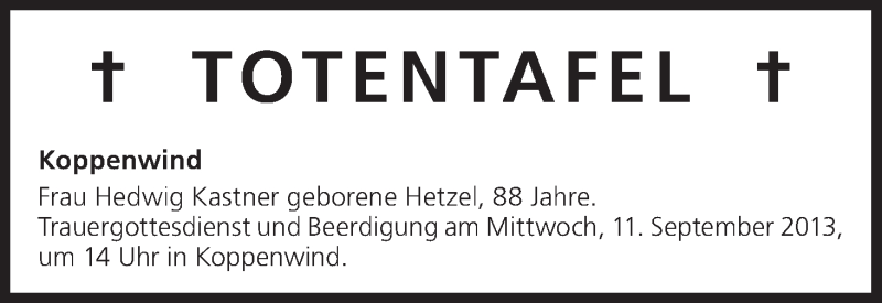  Traueranzeige für Totentafel vom 10.09.2013 vom 10.09.2013 aus MGO