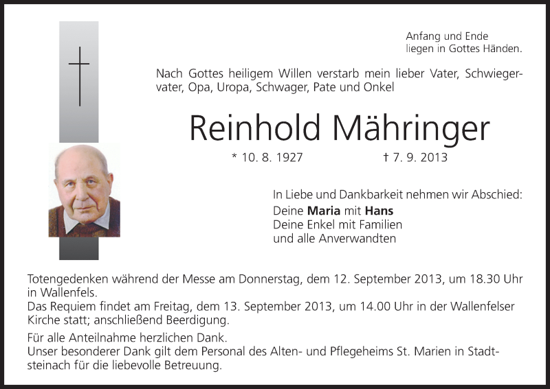  Traueranzeige für Reinhold Mähringer vom 11.09.2013 aus MGO