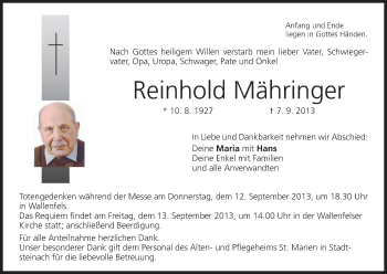 Anzeige von Reinhold Mähringer von MGO