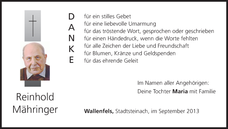  Traueranzeige für Reinhold Mähringer vom 17.09.2013 aus MGO