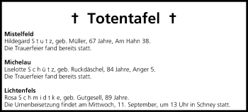 Anzeige von Totentafel vom 10.09.2013 von MGO