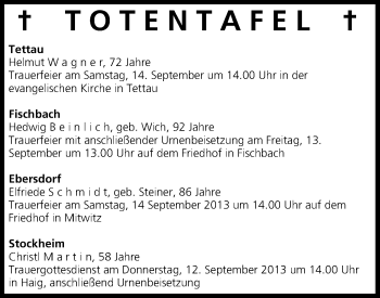 Anzeige von Totentafel vom 11.09.2013 von MGO