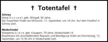 Anzeige von Totentafel vom 11.09.2013 von MGO