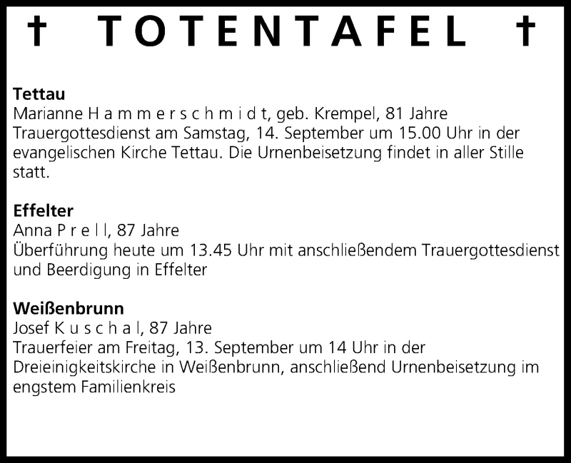  Traueranzeige für Totentafel vom 12.09.2013 vom 12.09.2013 aus MGO